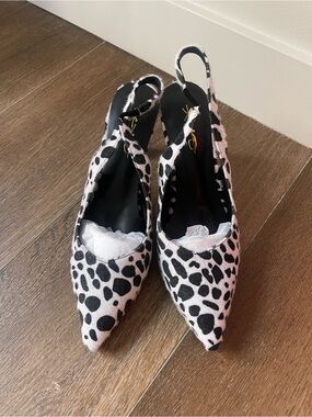 XYD Black and White Dalmatian-Print Pointed Slingback Heels